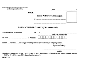 Zawiadomienie o przyjęciu dziecka