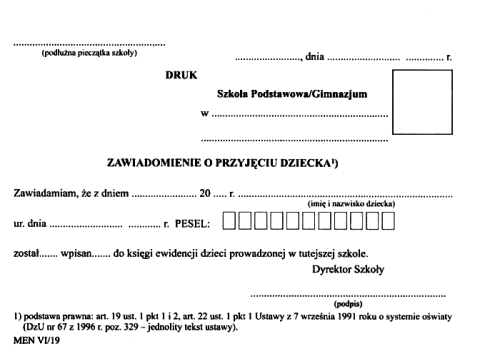 Zawiadomienie o przyjęciu dziecka