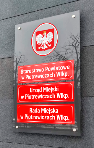 Tablica urzędowa nadrukowana na pleksi potrójna z godłem 170 cm x 100 cm (nadruk: godło 40 cm x 50 cm + 3 x tablica 75 cm x 25 cm).