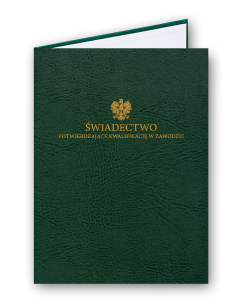 Okładka na dyplom, skóropodobna A4, złocona z napisem "Świadectwo Potwierdzające Kwalifikację w Zawodzie"