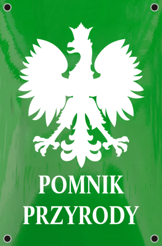 Tabliczka emaliowana z napisem "POMNIK PRZYRODY" (zewnętrzna) - rozmiar 9 cm x 13,5 cm