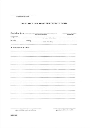 MEiN-I/91 Zaświadczenie o przebiegu nauczania