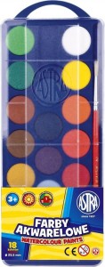 Farby akwarelowe Astra 18 kolorów - fi 23,5 mm z eurozawieszką
