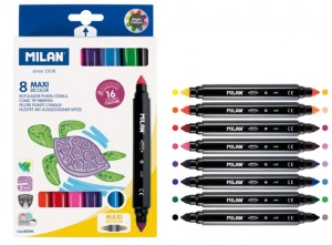 Flamastry MILAN MAXI BICOLOR 640, dwustronne, 8 szt., 16 kolorów w kartonowym opakowaniu