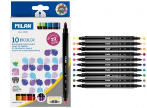Flamastry MILAN BICOLOR 6310, dwustronne, 10 szt., 20 kolorów w kartonowym opakowaniu