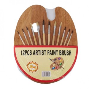 ZESTAW 12 PĘDZLI Z WŁOSIA+DREWNIANA PALETKA