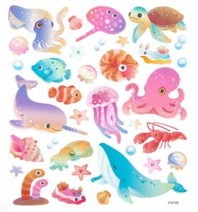 NAKLEJKI Z BROKATEM ZWIERZĘTA MORSKIE 34szt.