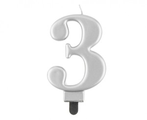 ŚWIECZKA B&C CYFERKA "3" METALIK SREBRNA 8CM.