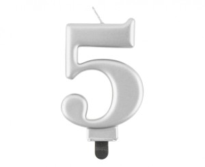 ŚWIECZKA B&C CYFERKA "5" METALIK SREBRNA 8CM.