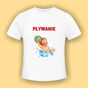 Pływanie - biała koszulka bawełniana (t-shirt) z kolorowym nadrukiem