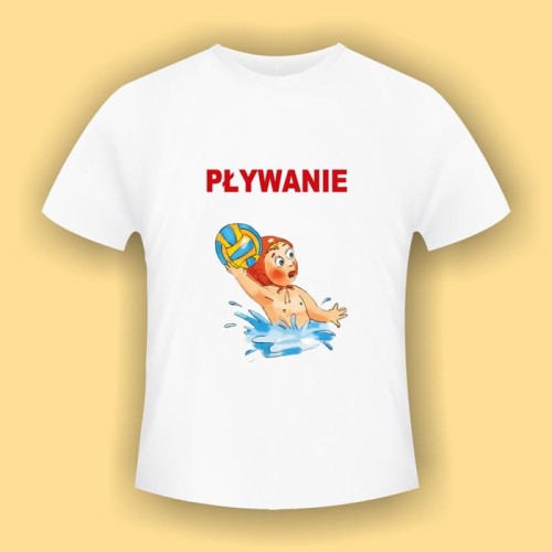 Pływanie - biała koszulka bawełniana (t-shirt) z kolorowym nadrukiem