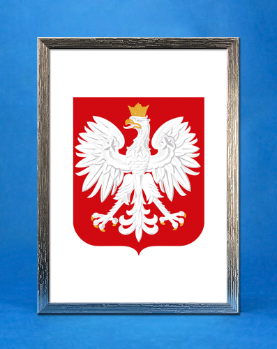 Godło Rzeczpospolitej Polskiej (Godło Polski) w prostokątnej ramce A4+ w kolorze srebro szczotkowane