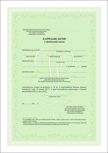Zaświadczenie o ukończeniu kursu na zielonym giloszu