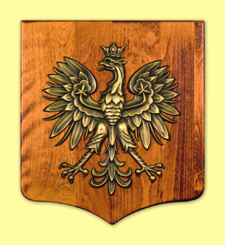 Godło Rzeczpospolitej Polskiej (Godło Polski) mosiądzowane na tarczy - różne rozmiary
