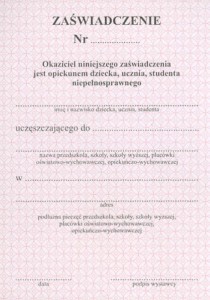 Zaświadczenie dla opiekunów uczniów niepełnosprawnych MI/2002