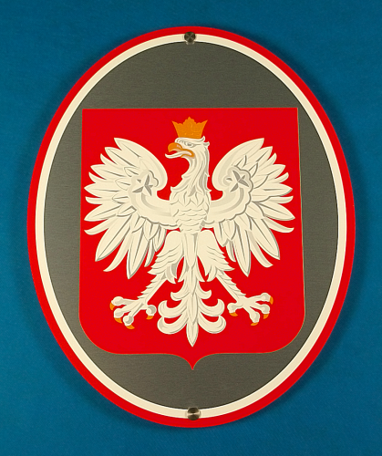 Godło RP (Godło Polski) owalne płaskie na dibondzie szczotkowanym na budynek (zewnętrzne) - rozmiar 22 cm x 32 cm.