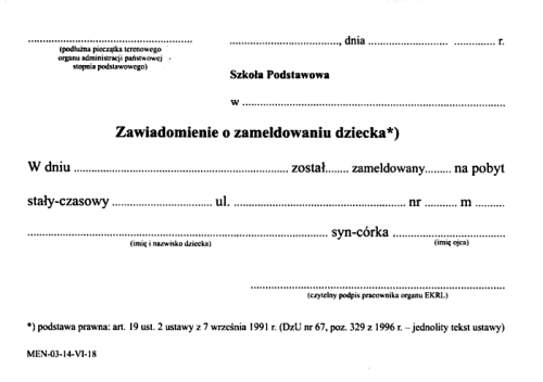 Zawiadomienie o zameldowaniu dziecka MEN-03-14-VI-18